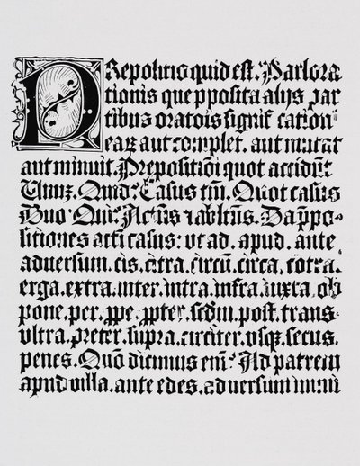 Faksimile einer Seite der Xylographie oder Holzschnitt über die Präposition, aus einem Grammatikbuch, gedruckt von Johann Fust und Johannes Gutenberg, Mainz, ca. 1450 von English School